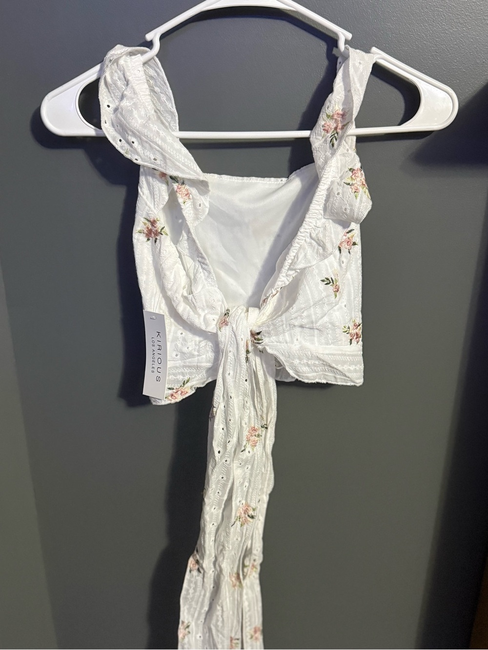 iris White Floral Tie-Front Bandeau with Pink Embroidery